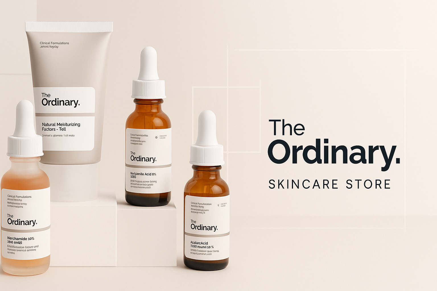 Promotional banner image for The Ordinary skincare store featuring elegantly arranged skincare products with clean, minimalist design